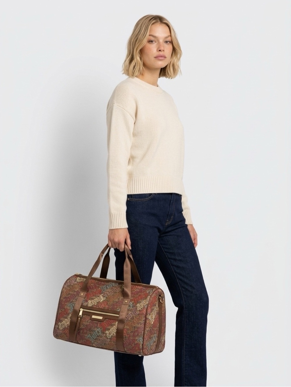 Juicy Couture Multicolor Patterned Travel Duffle with Brown Trim